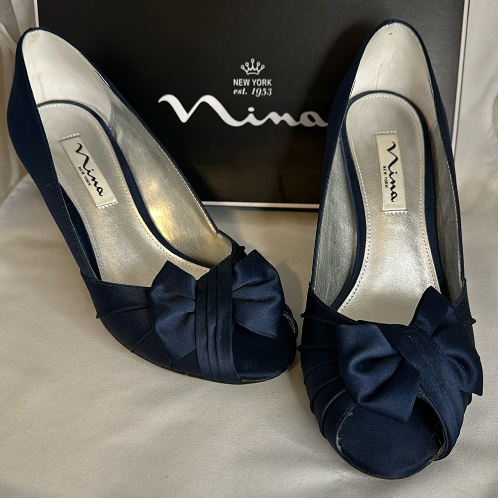 Nina Navy Satin Pumps - Size 7